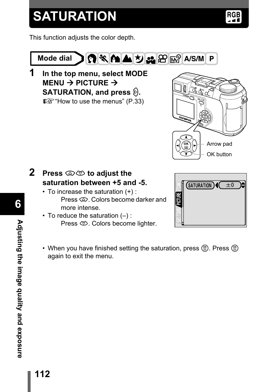 Saturation, P.112 | Olympus C-750 Ultra Zoom User Manual | Page 113 / 238