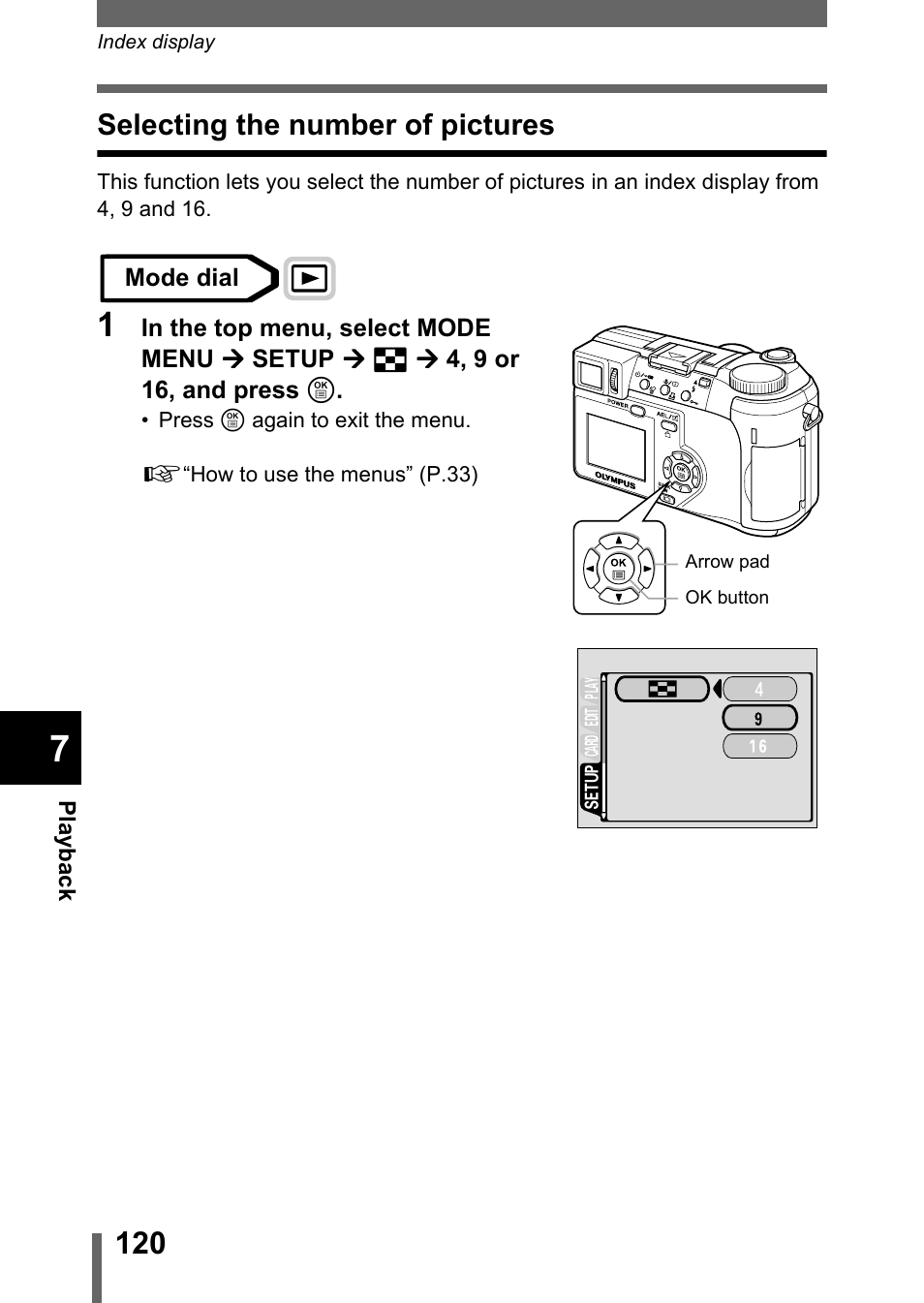 Selecting the number of pictures, P.120 | Olympus C-750 Ultra Zoom User Manual | Page 121 / 238