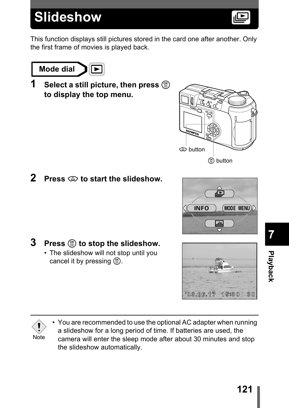 Slideshow, P.121 | Olympus C-750 Ultra Zoom User Manual | Page 122 / 238