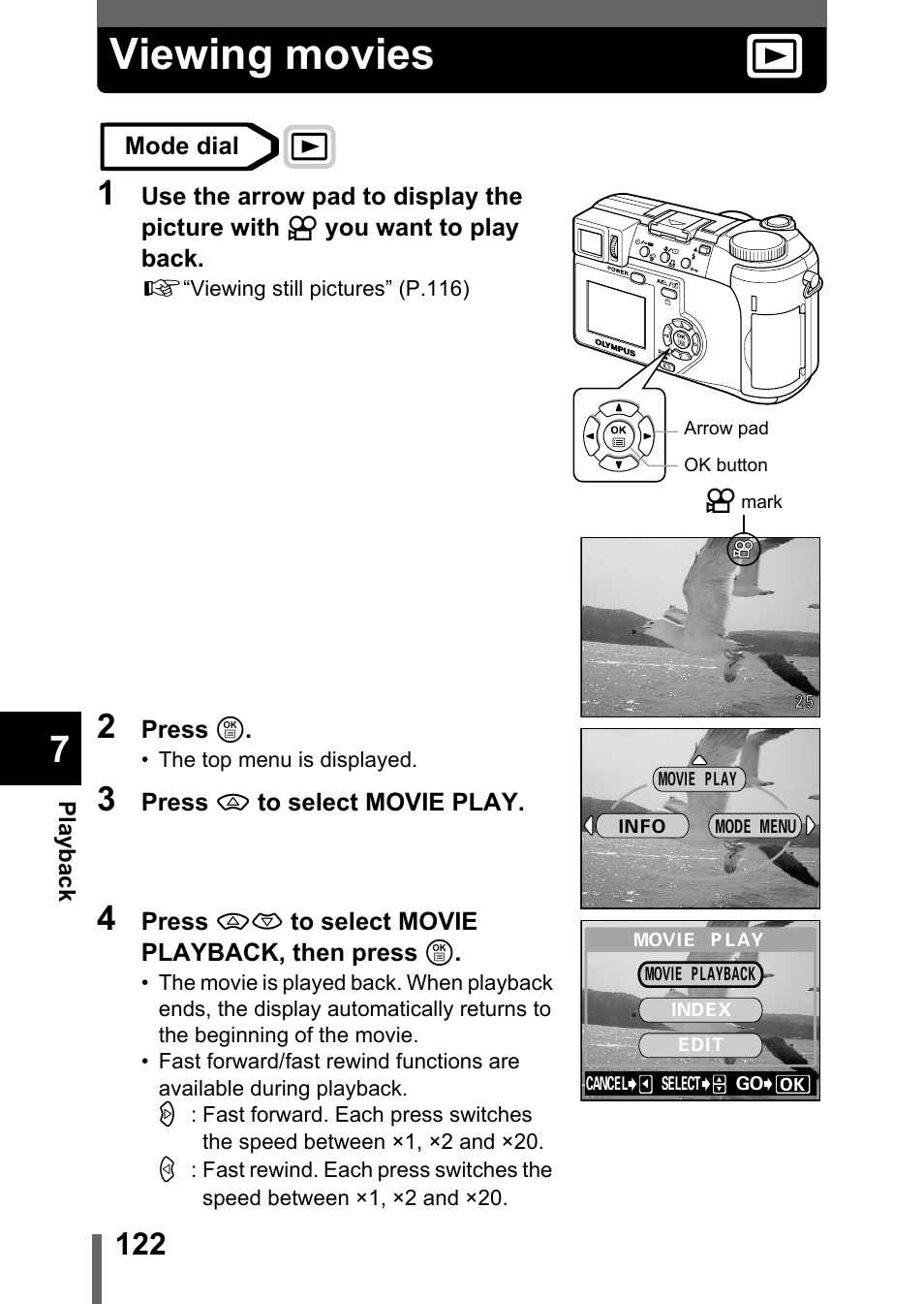 Viewing movies, P.122 | Olympus C-750 Ultra Zoom User Manual | Page 123 / 238
