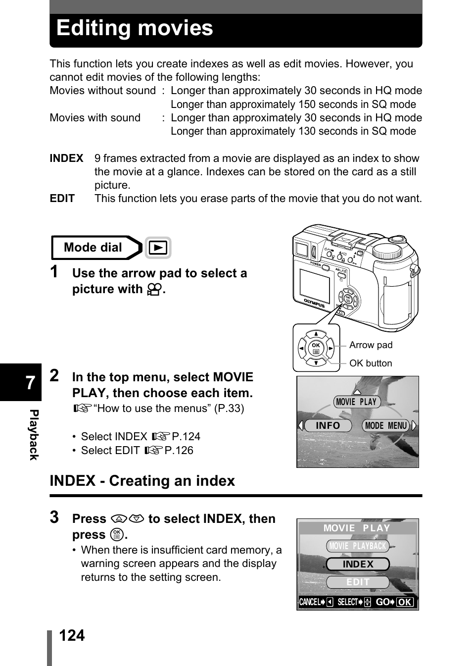 Editing movies, Index - creating an index, P.124 | P.124) | Olympus C-750 Ultra Zoom User Manual | Page 125 / 238