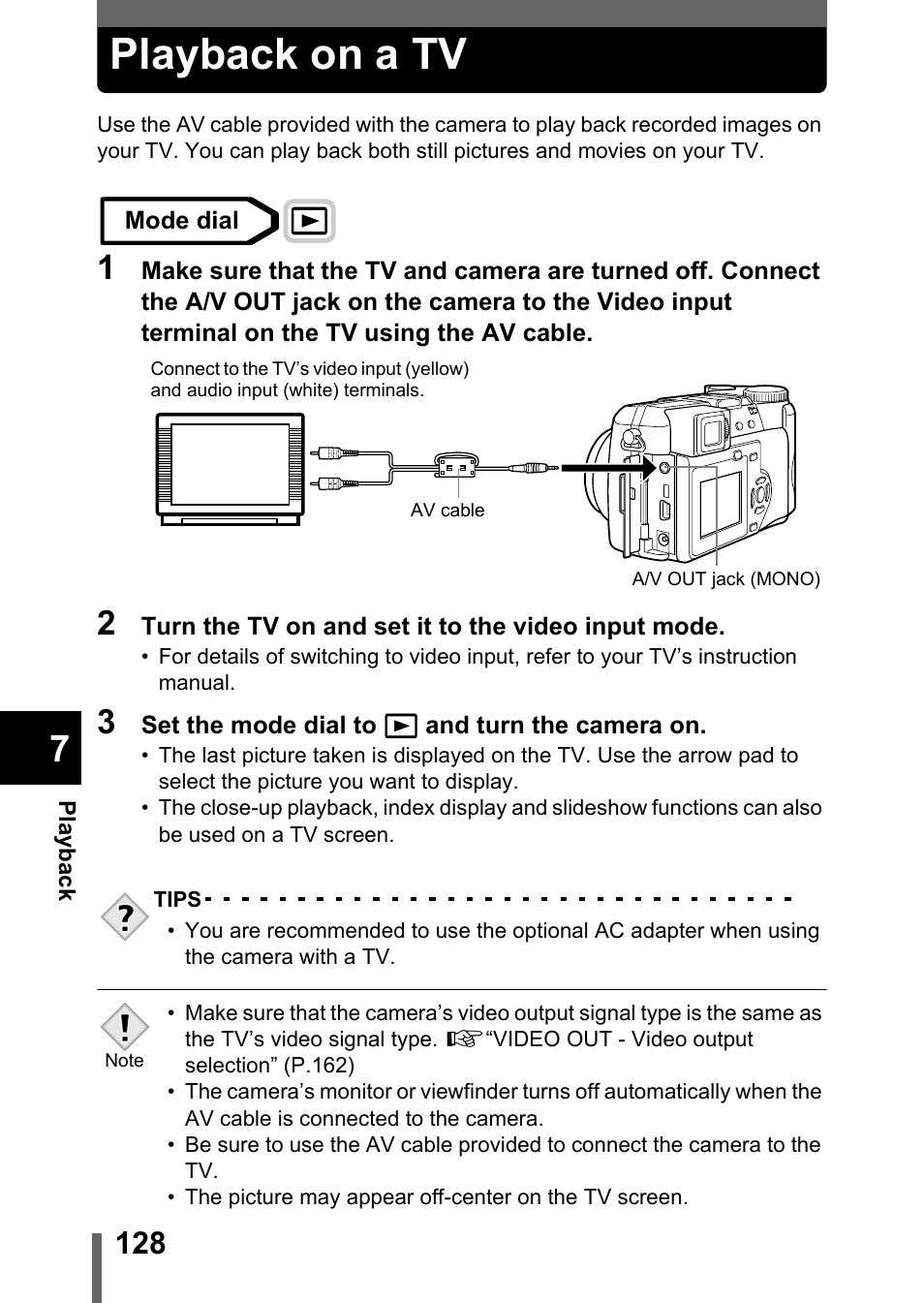 Playback on a tv, P.128 | Olympus C-750 Ultra Zoom User Manual | Page 129 / 238