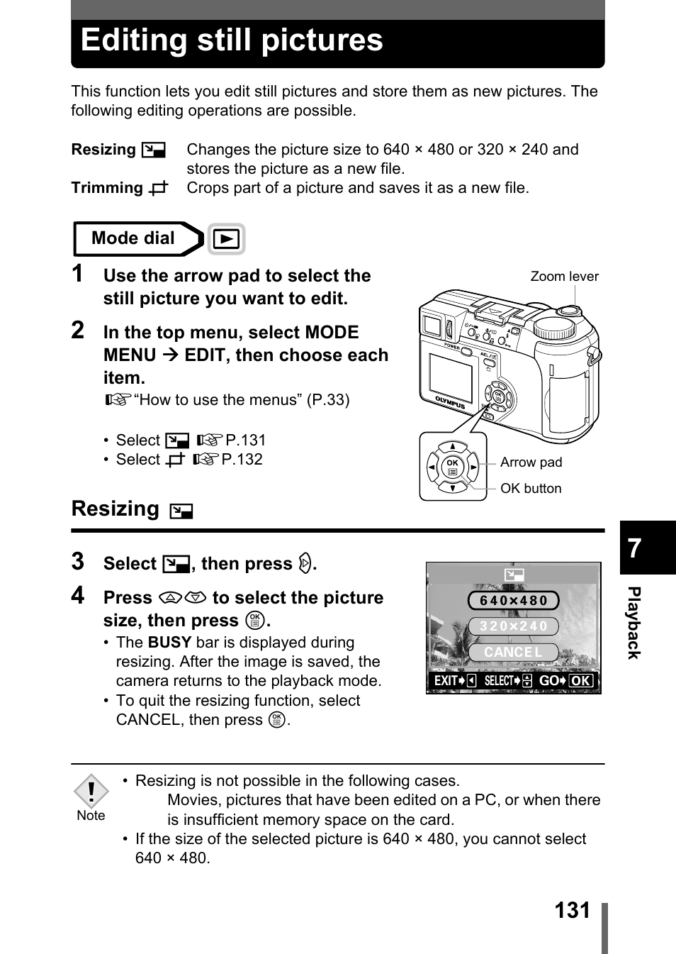 Editing still pictures, Resizing, P.131 | Olympus C-750 Ultra Zoom User Manual | Page 132 / 238