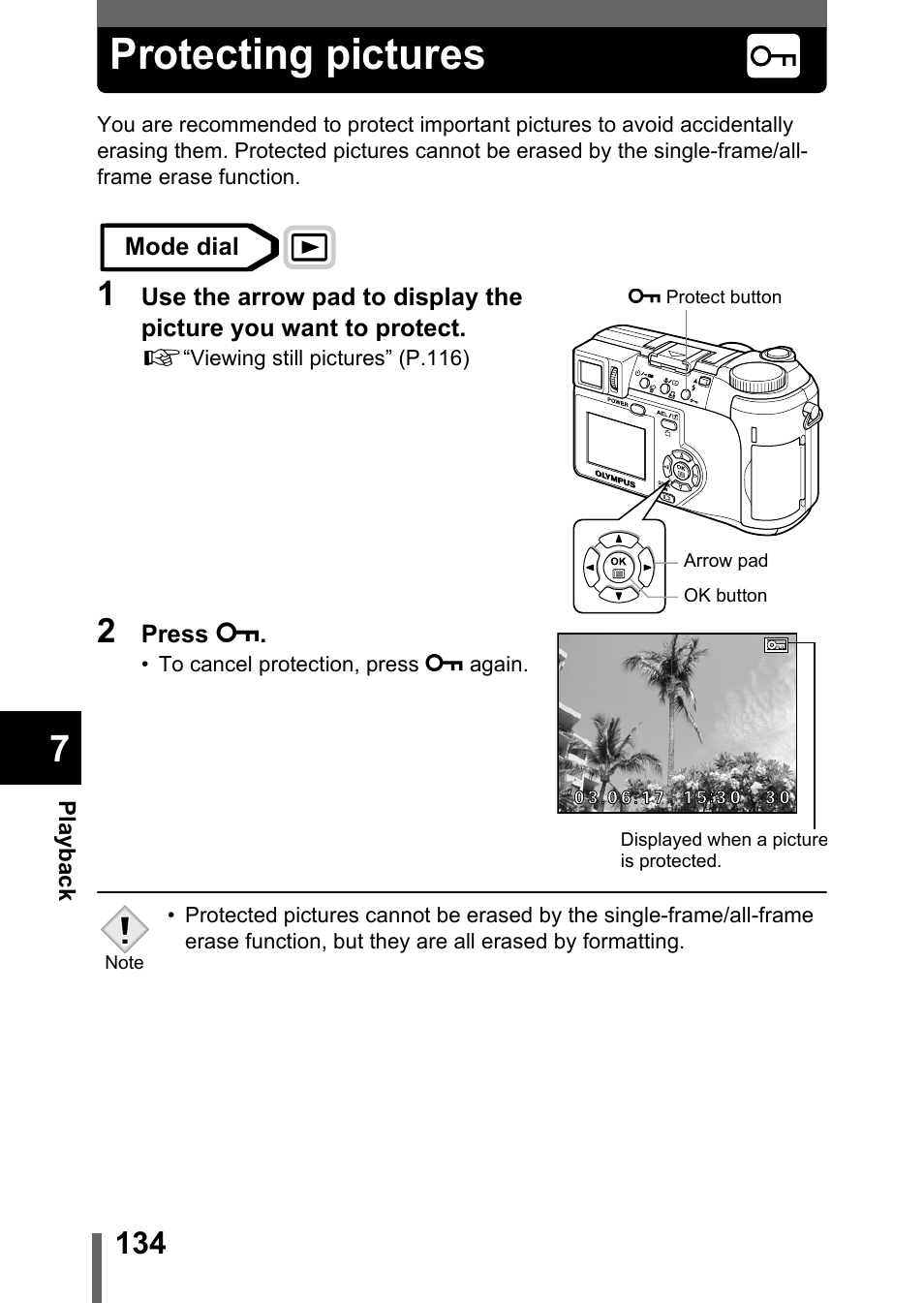 Protecting pictures, P.134 | Olympus C-750 Ultra Zoom User Manual | Page 135 / 238