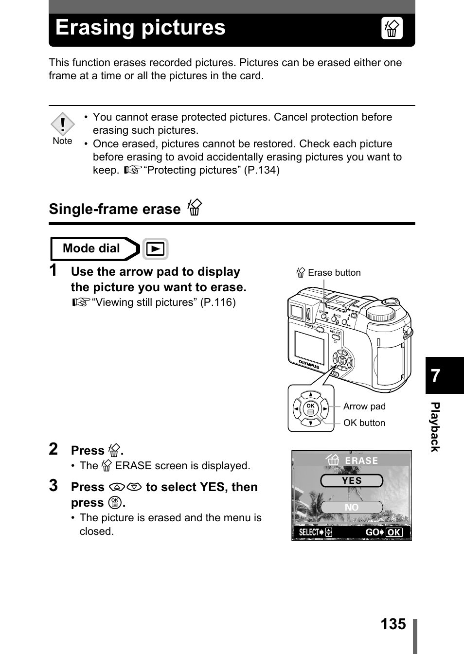 Erasing pictures, Single-frame erase, P.135 | Olympus C-750 Ultra Zoom User Manual | Page 136 / 238