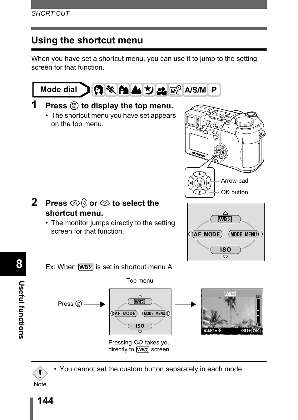 Using the shortcut menu | Olympus C-750 Ultra Zoom User Manual | Page 145 / 238