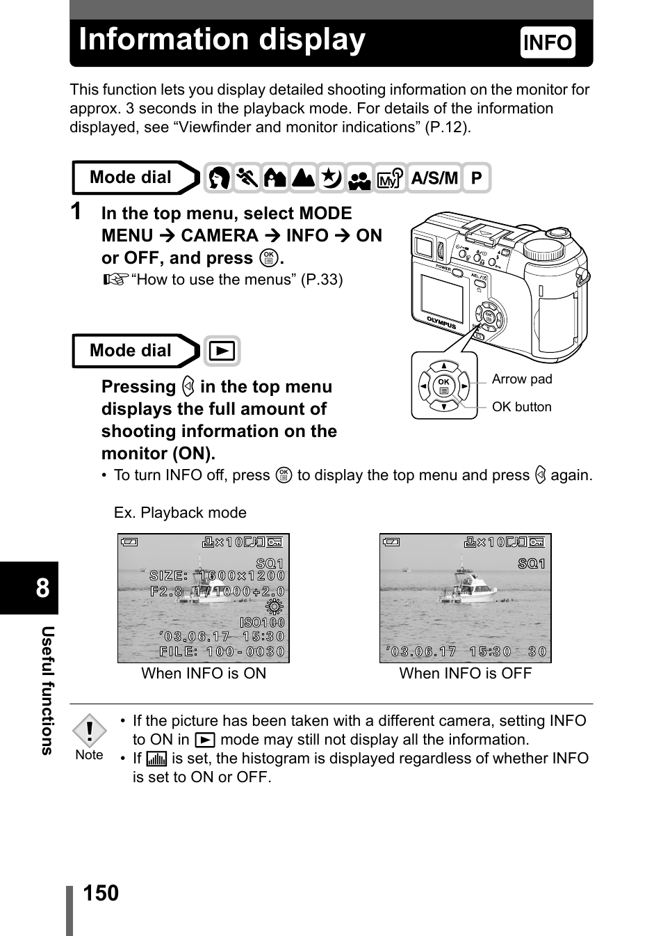 Information display, Information display” (p.150), P.150 | Olympus C-750 Ultra Zoom User Manual | Page 151 / 238