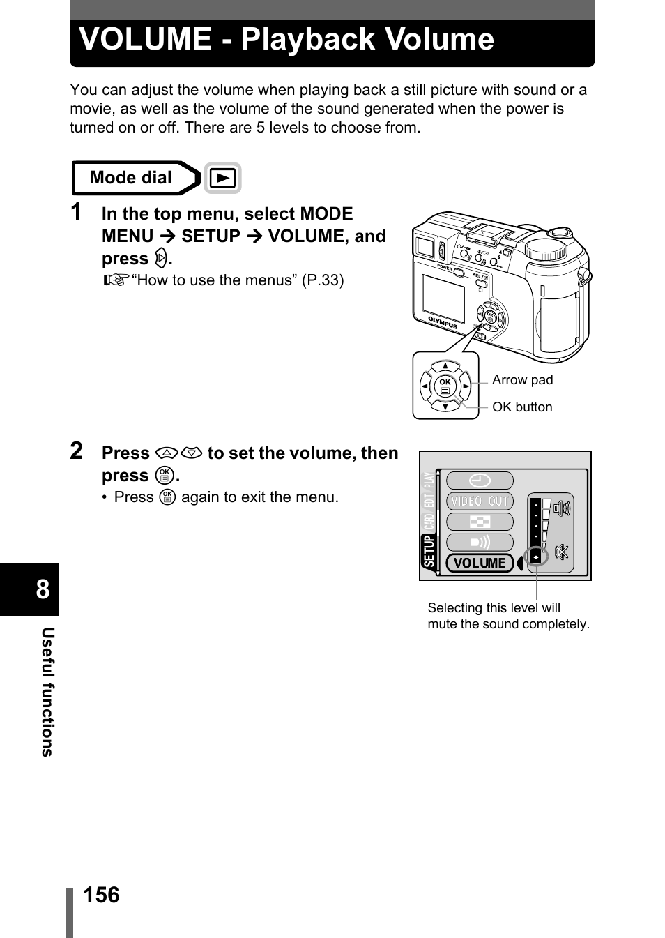 Volume - playback volume, P.156 | Olympus C-750 Ultra Zoom User Manual | Page 157 / 238