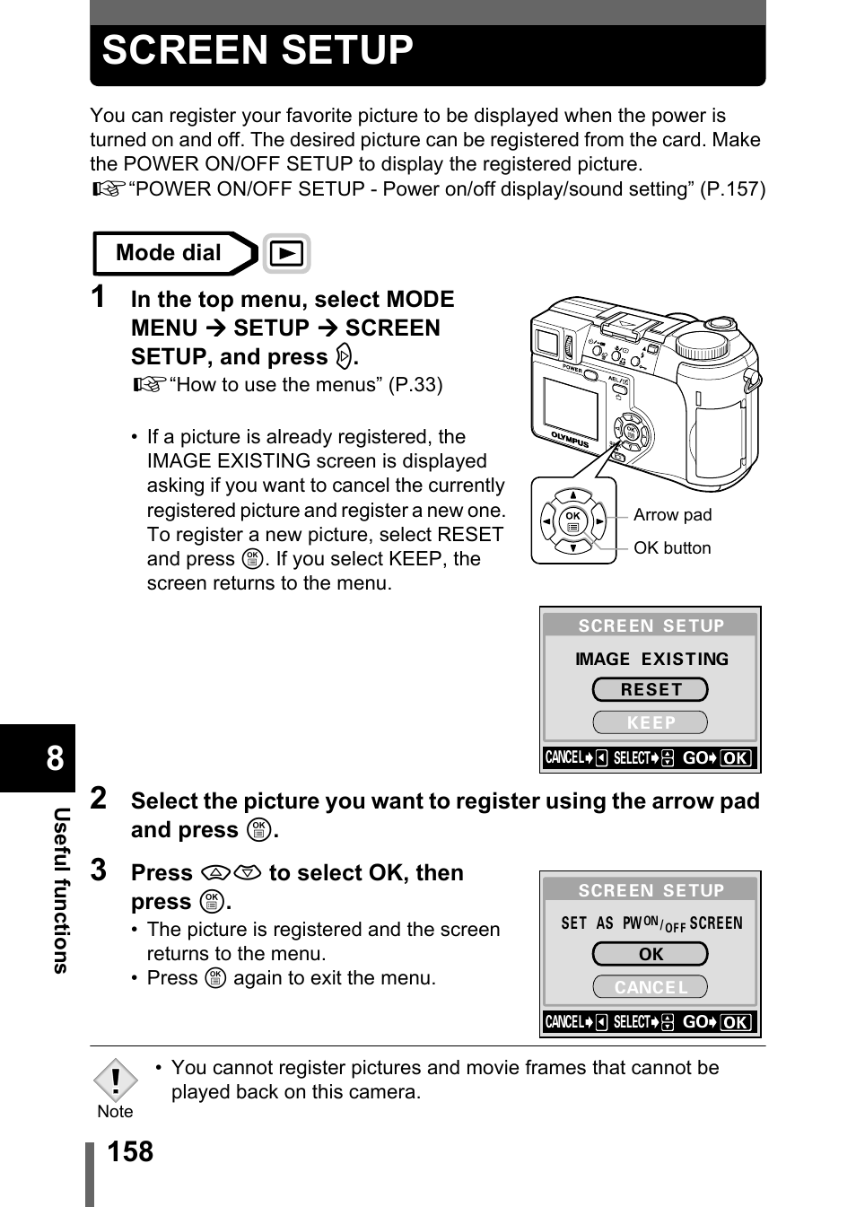 Screen setup, P.158 | Olympus C-750 Ultra Zoom User Manual | Page 159 / 238