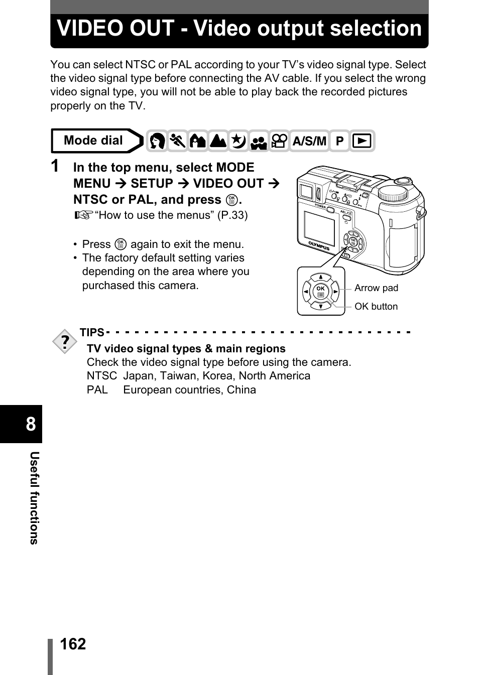 Video out - video output selection, P.162 | Olympus C-750 Ultra Zoom User Manual | Page 163 / 238
