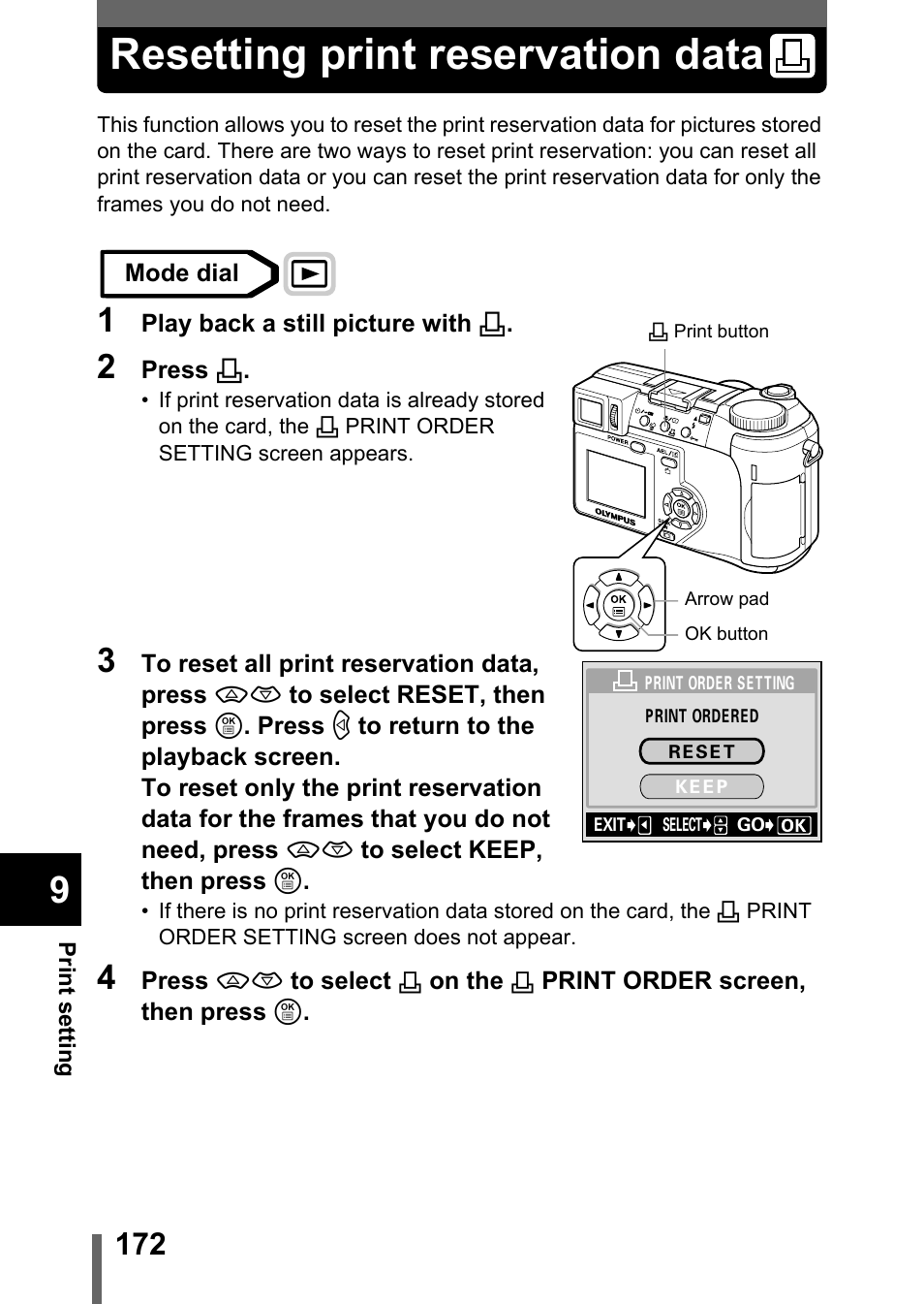 Resetting print reservation data | Olympus C-750 Ultra Zoom User Manual | Page 173 / 238
