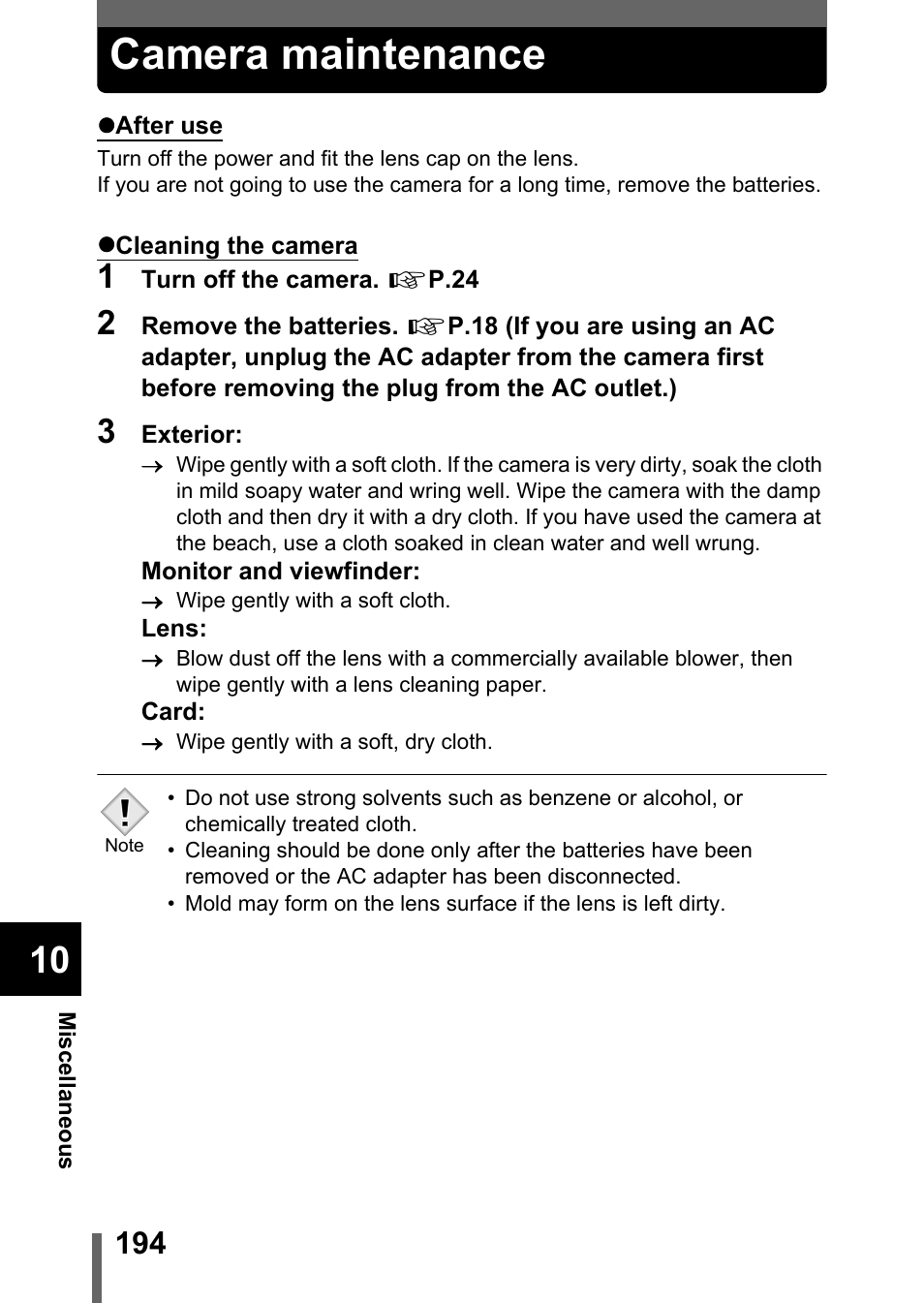 Camera maintenance, P.194 | Olympus C-750 Ultra Zoom User Manual | Page 195 / 238