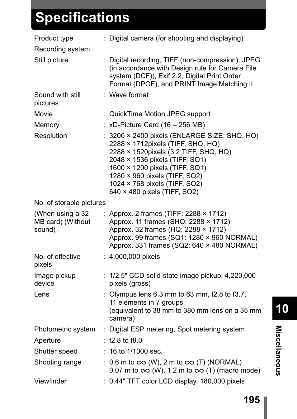 Specifications, P.195 | Olympus C-750 Ultra Zoom User Manual | Page 196 / 238