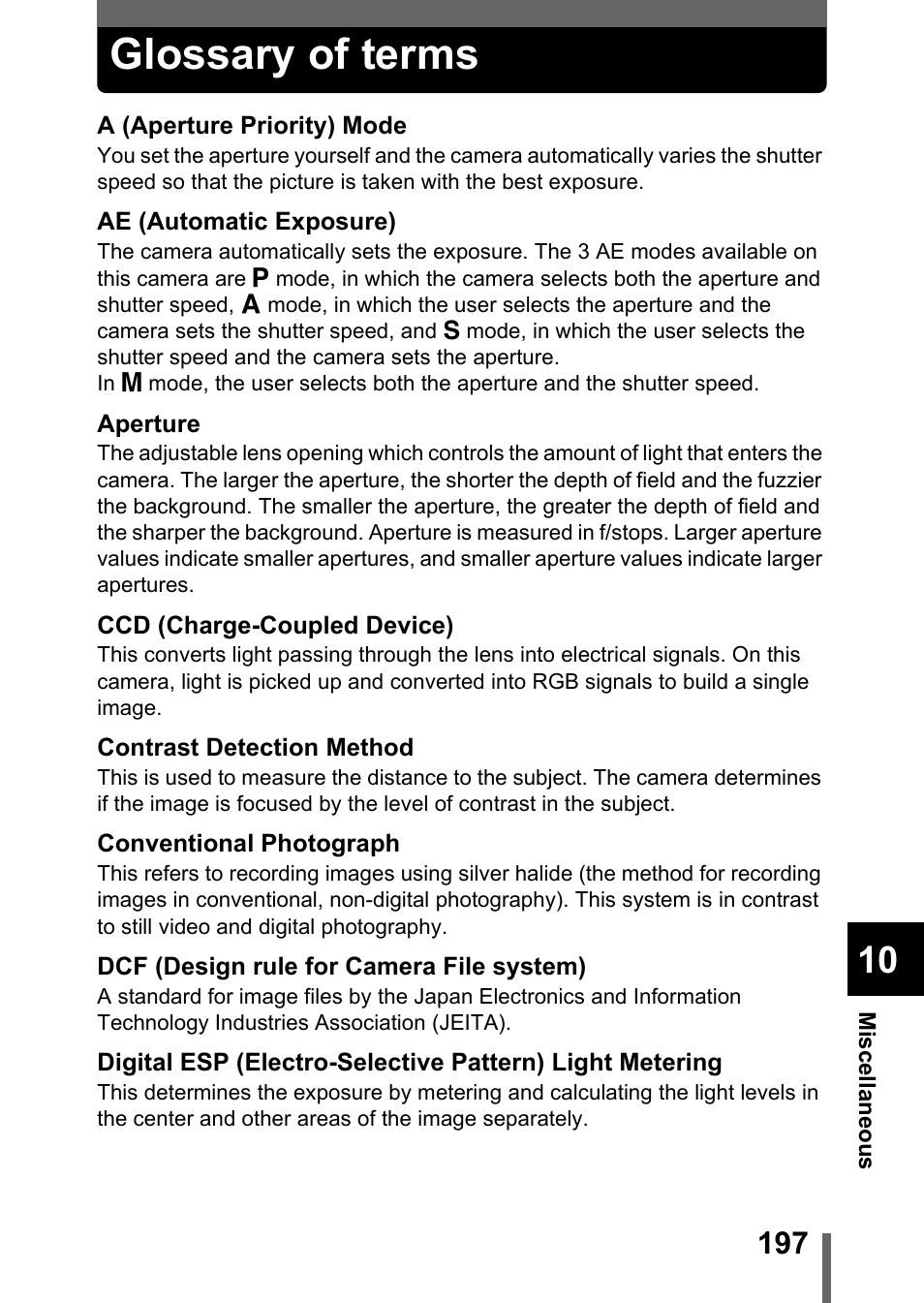 Glossary of terms, P.197 | Olympus C-750 Ultra Zoom User Manual | Page 198 / 238