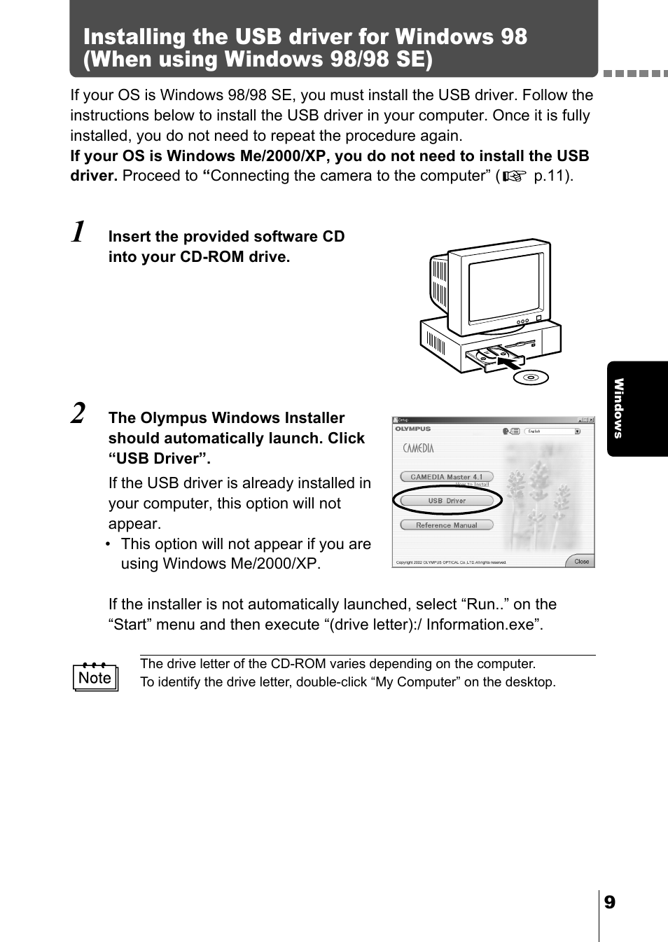 P.9), Installing the usb driver for windows 98 | Olympus C-750 Ultra Zoom User Manual | Page 215 / 238