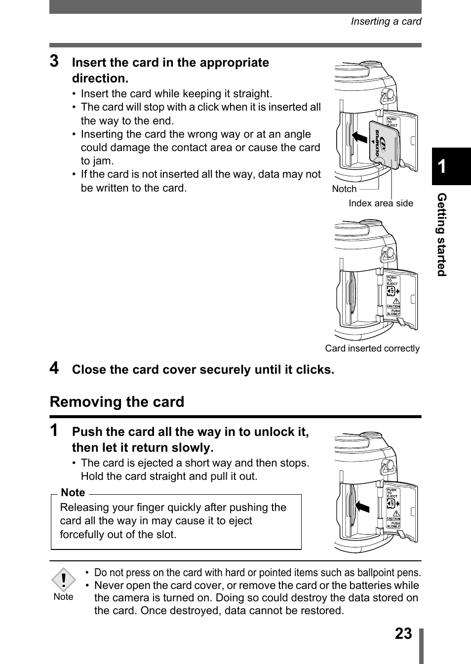 Removing the card | Olympus C-750 Ultra Zoom User Manual | Page 24 / 238