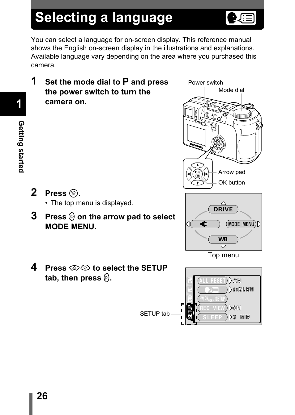 Selecting a language | Olympus C-750 Ultra Zoom User Manual | Page 27 / 238