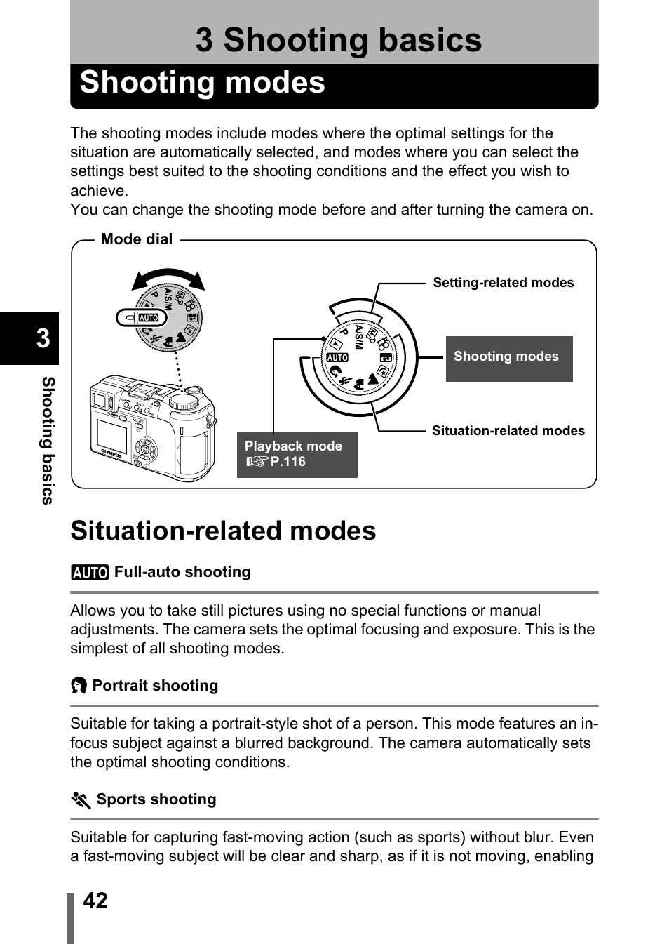 3 shooting basics, Shooting modes, Shooting basics | P.42, Situation-related modes | Olympus C-750 Ultra Zoom User Manual | Page 43 / 238