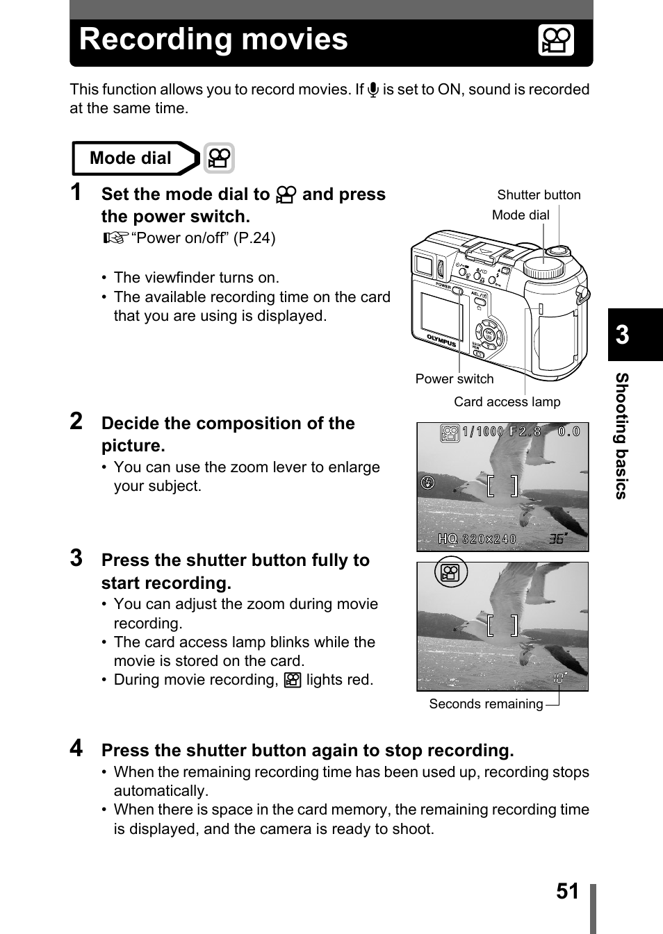 Recording movies, P.51, Recording movies” (p.51) | Olympus C-750 Ultra Zoom User Manual | Page 52 / 238