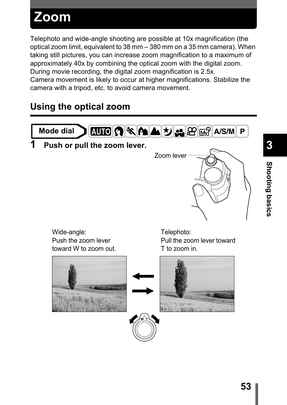 Zoom, Using the optical zoom, P.53 | Olympus C-750 Ultra Zoom User Manual | Page 54 / 238