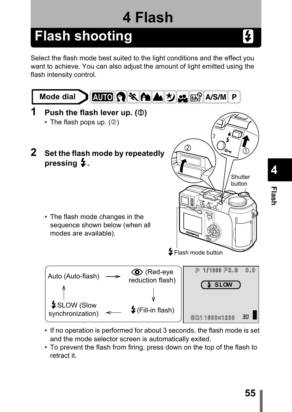 4 flash, Flash shooting, Flash | P.55, P.55) | Olympus C-750 Ultra Zoom User Manual | Page 56 / 238