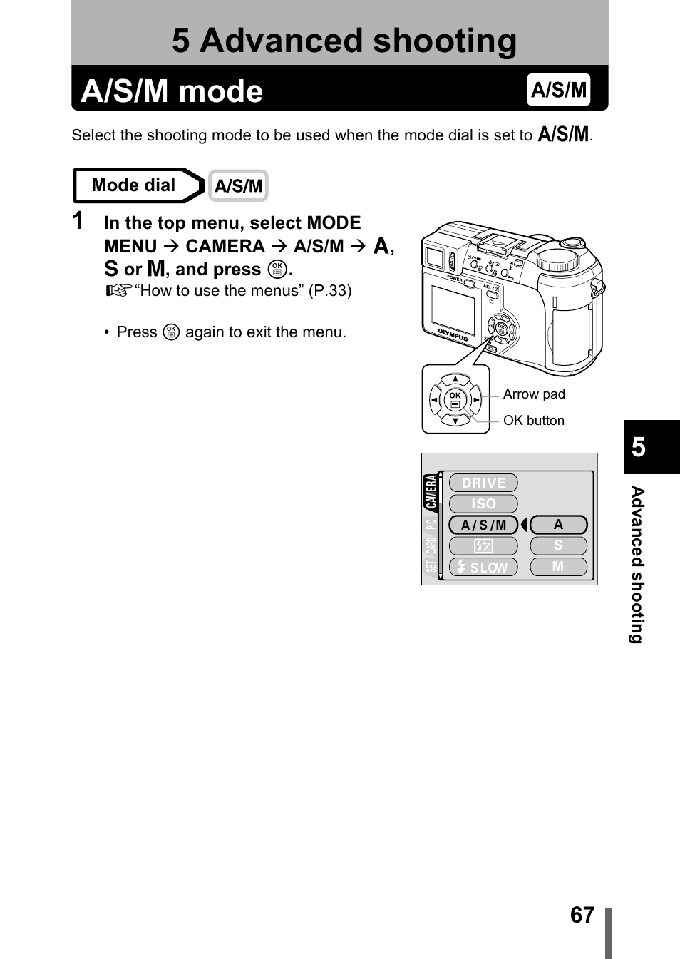 5 advanced shooting, A/s/m mode, Advanced shooting | P.67 | Olympus C-750 Ultra Zoom User Manual | Page 68 / 238
