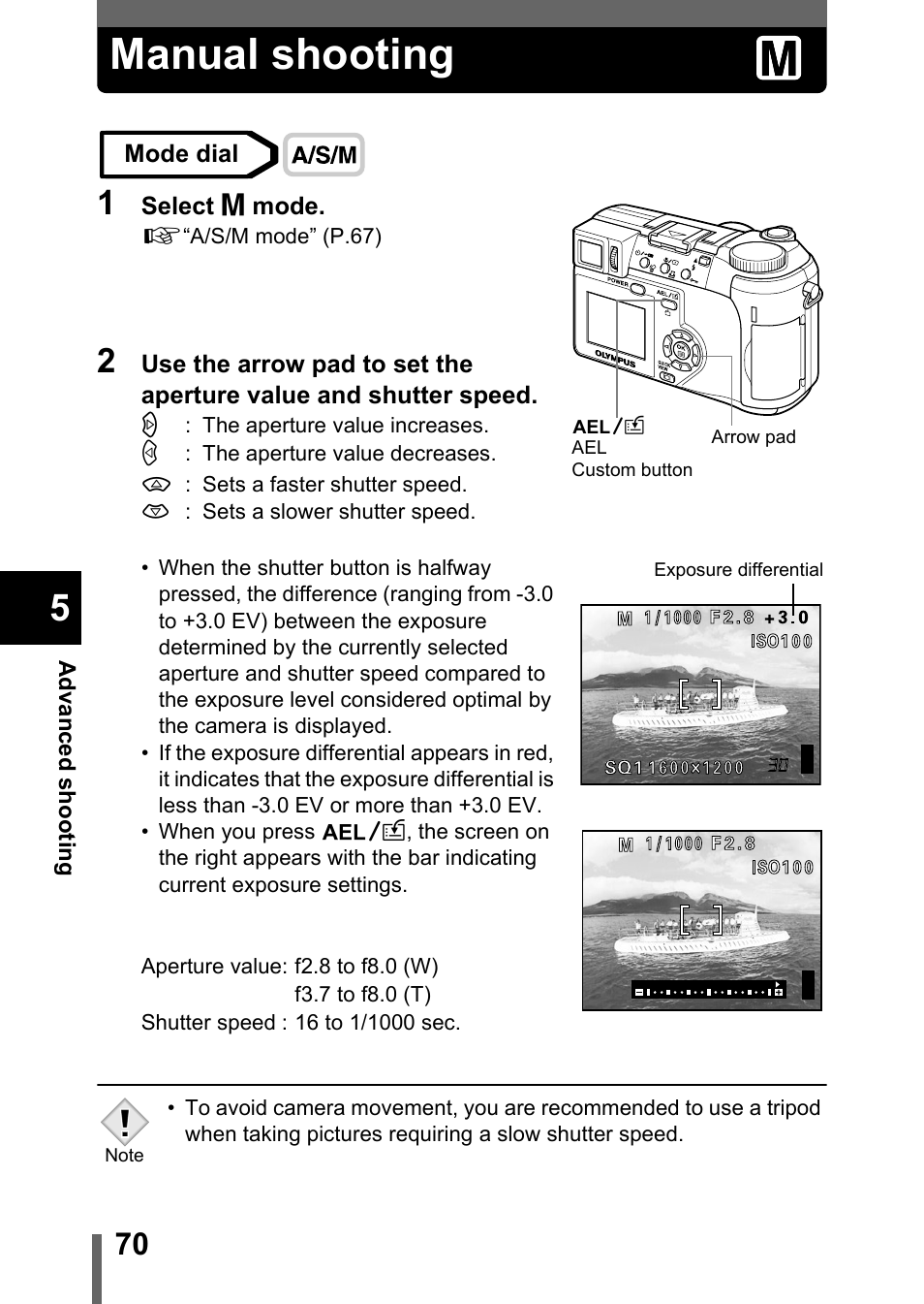 Manual shooting, P.70, G“manual shooting” (p.70) | Olympus C-750 Ultra Zoom User Manual | Page 71 / 238