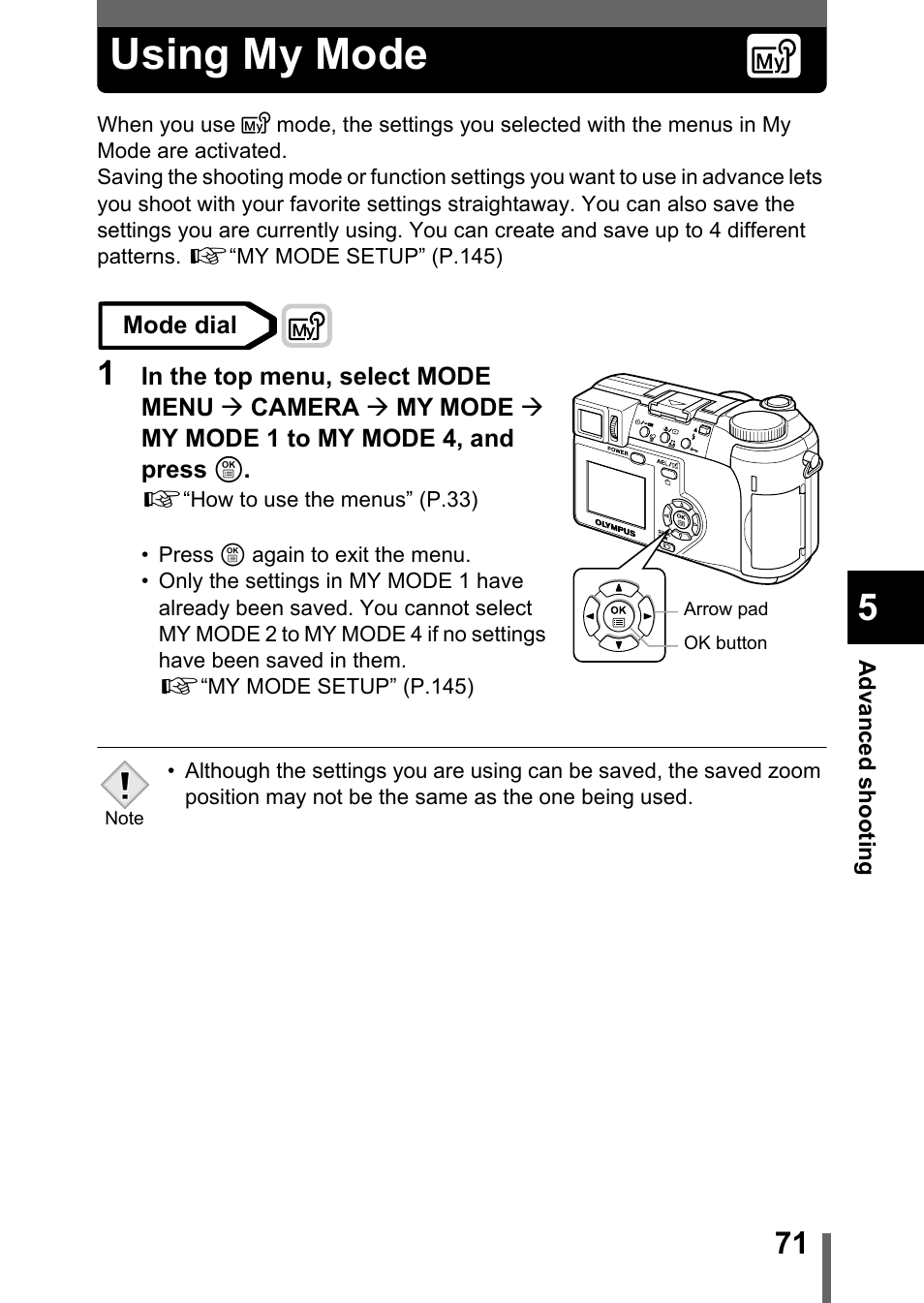 Using my mode, P.71, Using my mode” (p.71) | Olympus C-750 Ultra Zoom User Manual | Page 72 / 238