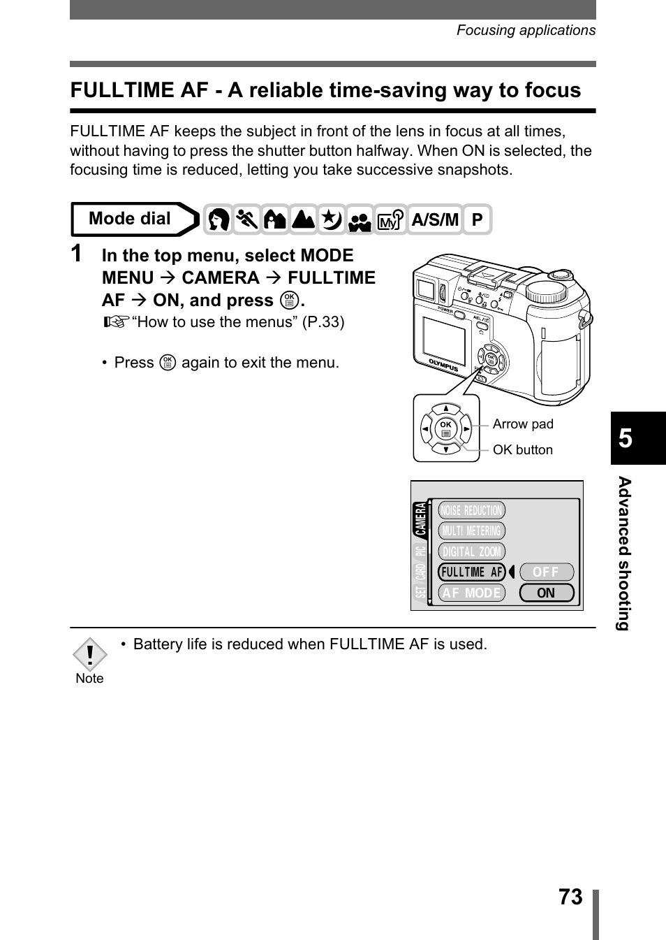Fulltime af - a reliable time-saving way to focus, P.73 | Olympus C-750 Ultra Zoom User Manual | Page 74 / 238