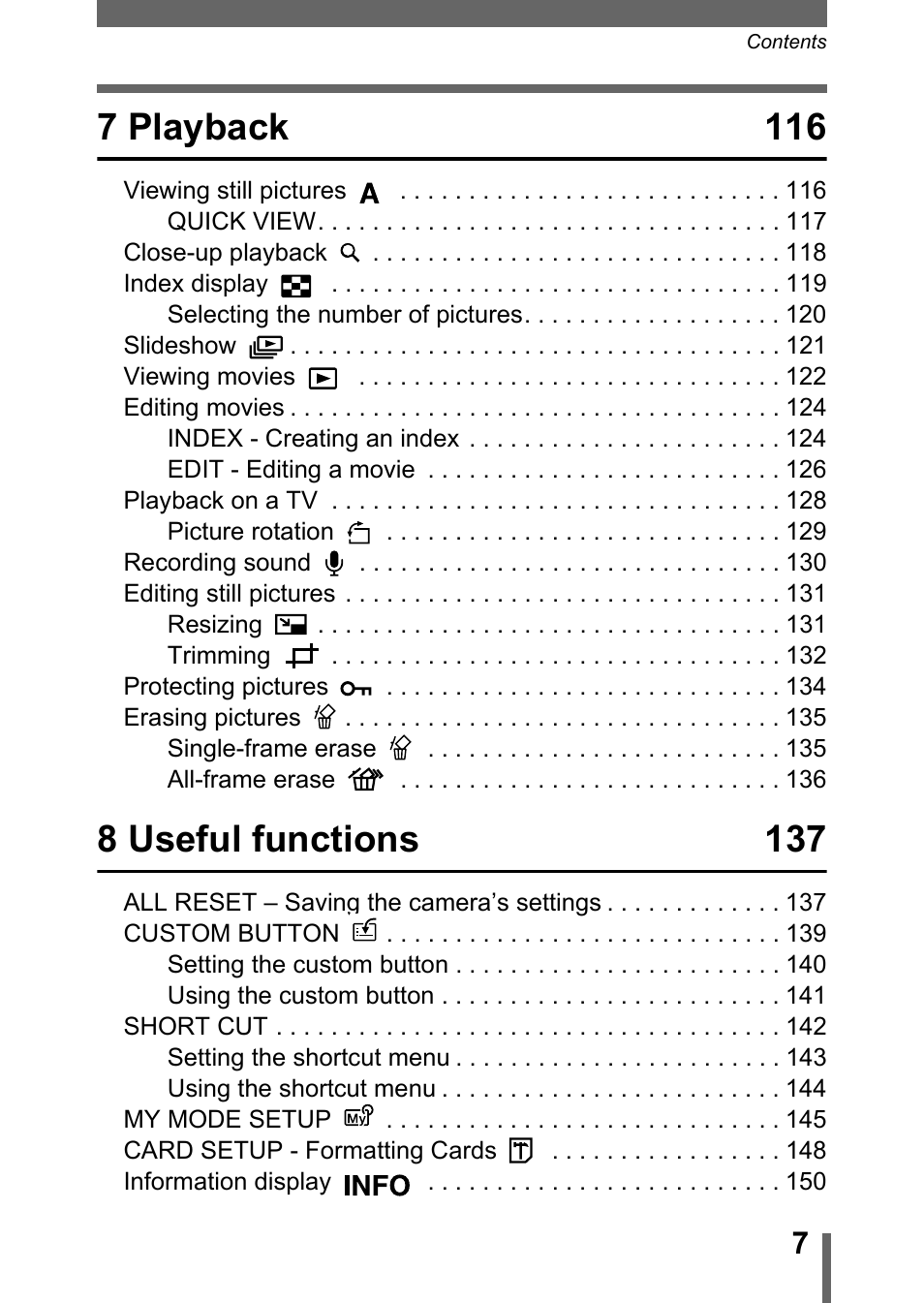 7 playback 116, 8 useful functions 137 | Olympus C-750 Ultra Zoom User Manual | Page 8 / 238