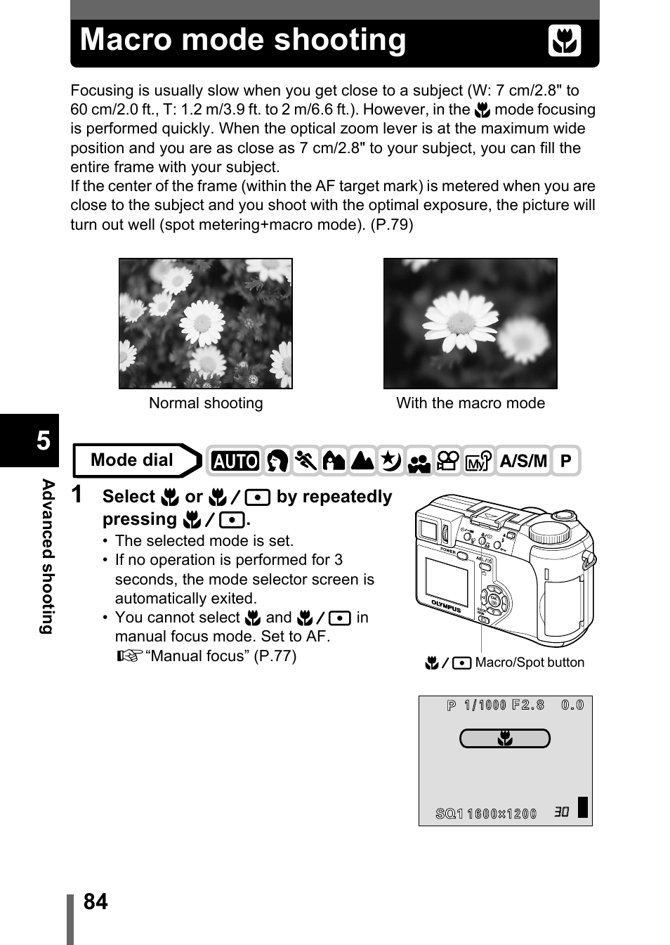 Macro mode shooting, P.84 | Olympus C-750 Ultra Zoom User Manual | Page 85 / 238