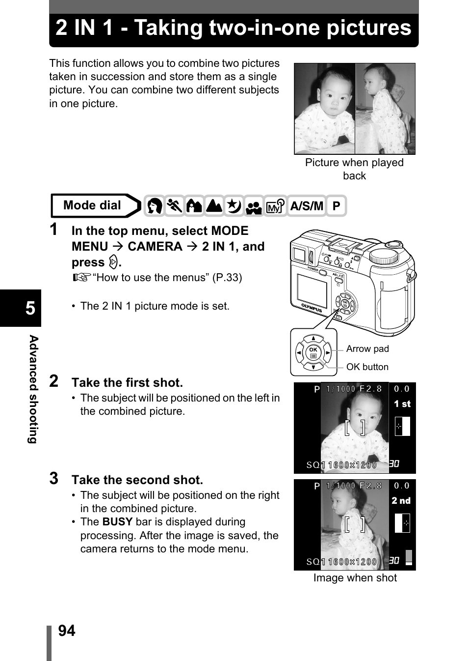 2 in 1 - taking two-in-one pictures, P.94 | Olympus C-750 Ultra Zoom User Manual | Page 95 / 238
