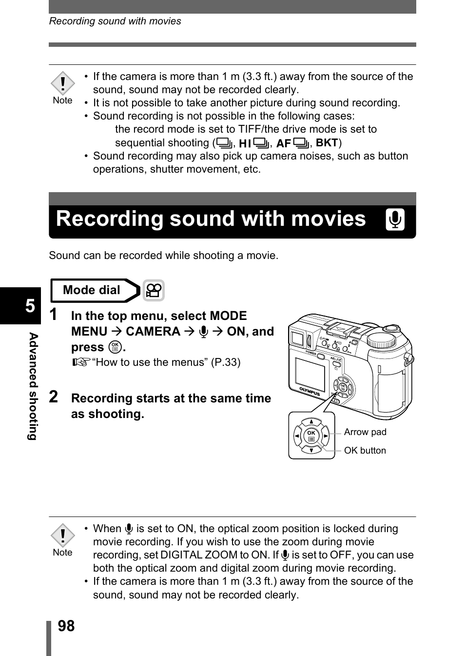 Recording sound with movies, P.98 | Olympus C-750 Ultra Zoom User Manual | Page 99 / 238