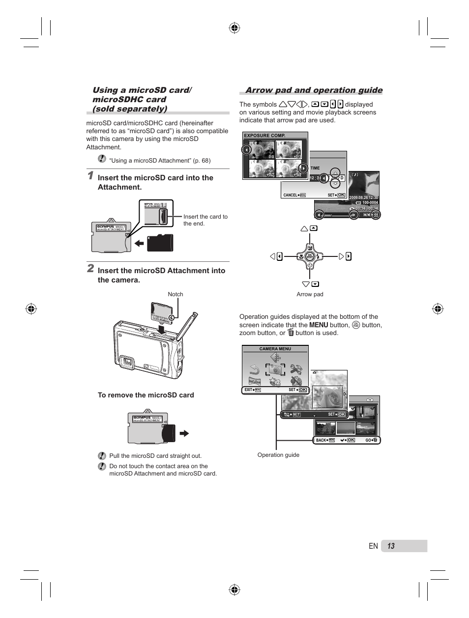 Arrow pad and operation guide, 13 en, Insert the microsd card into the attachment | Insert the microsd attachment into the camera | Olympus STYLUS TOUGH-8000 User Manual | Page 13 / 86