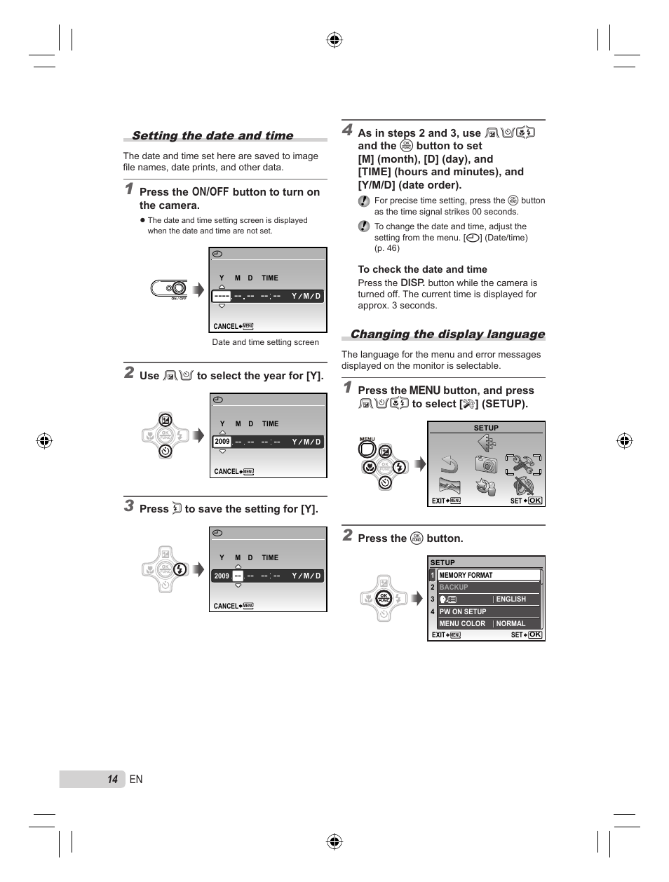 Setting the date and time, Changing the display language, 14 en | Olympus STYLUS TOUGH-8000 User Manual | Page 14 / 86