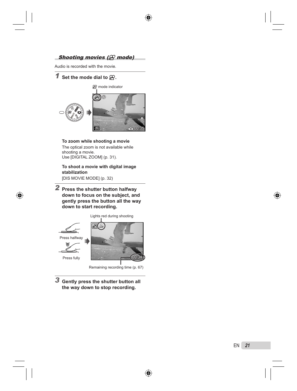 Shooting movies (n mode) | Olympus STYLUS TOUGH-8000 User Manual | Page 21 / 86