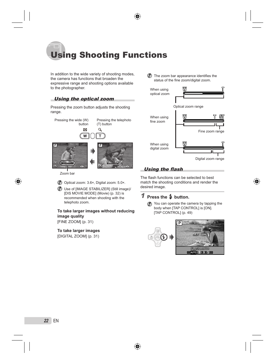 Using shooting functions, Using the fl ash, Using the optical zoom | 22 en, Press the # button | Olympus STYLUS TOUGH-8000 User Manual | Page 22 / 86