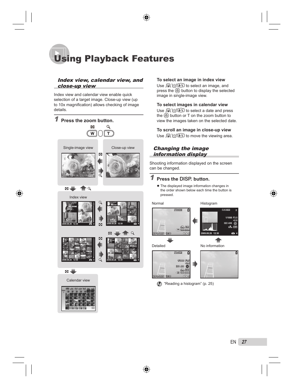 Using playback features, Changing the image information display, Index view, calendar view, and close-up view | 27 en, Press the g button, Press the zoom button, Use efgh to move the viewing area, Reading a histogram” (p. 25) | Olympus STYLUS TOUGH-8000 User Manual | Page 27 / 86