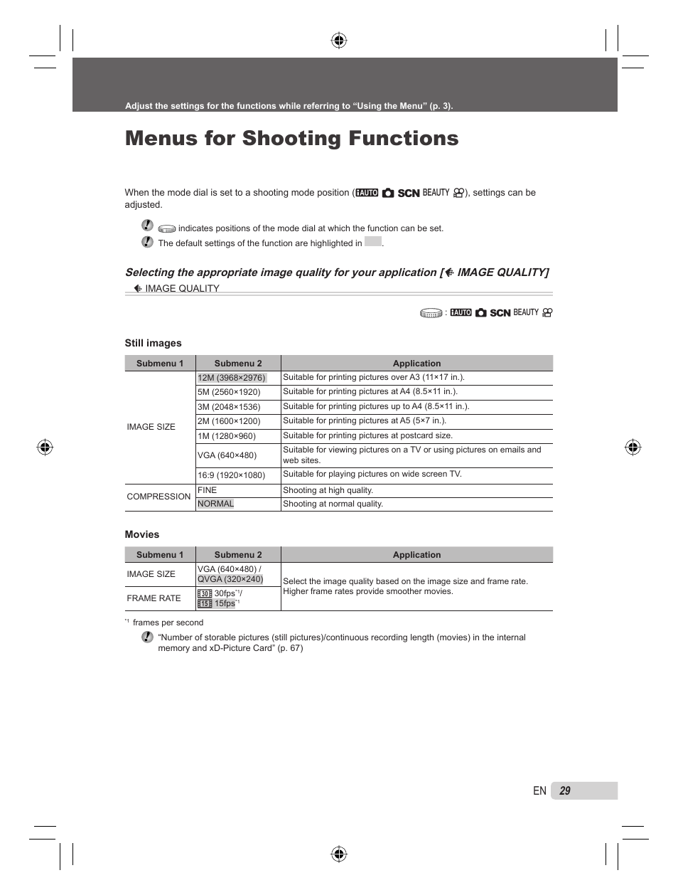 Menus for shooting functions, 29 en | Olympus STYLUS TOUGH-8000 User Manual | Page 29 / 86