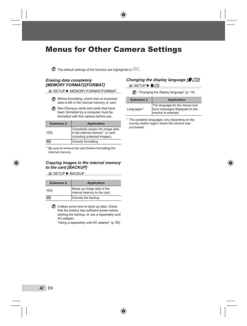 Menus for other camera settings, 42 en, Changing the display language [ w | Olympus STYLUS TOUGH-8000 User Manual | Page 42 / 86