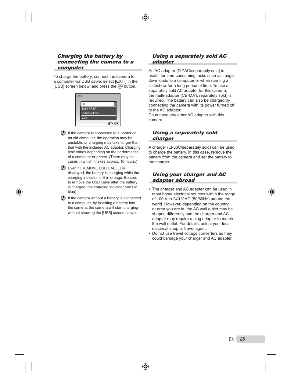 Using a separately sold ac adapter, Using a separately sold charger, Using your charger and ac adapter abroad | Olympus STYLUS TOUGH-8000 User Manual | Page 65 / 86