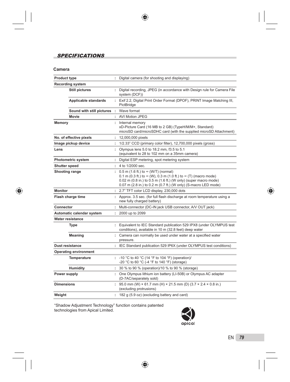 Specifications, 79 en | Olympus STYLUS TOUGH-8000 User Manual | Page 79 / 86