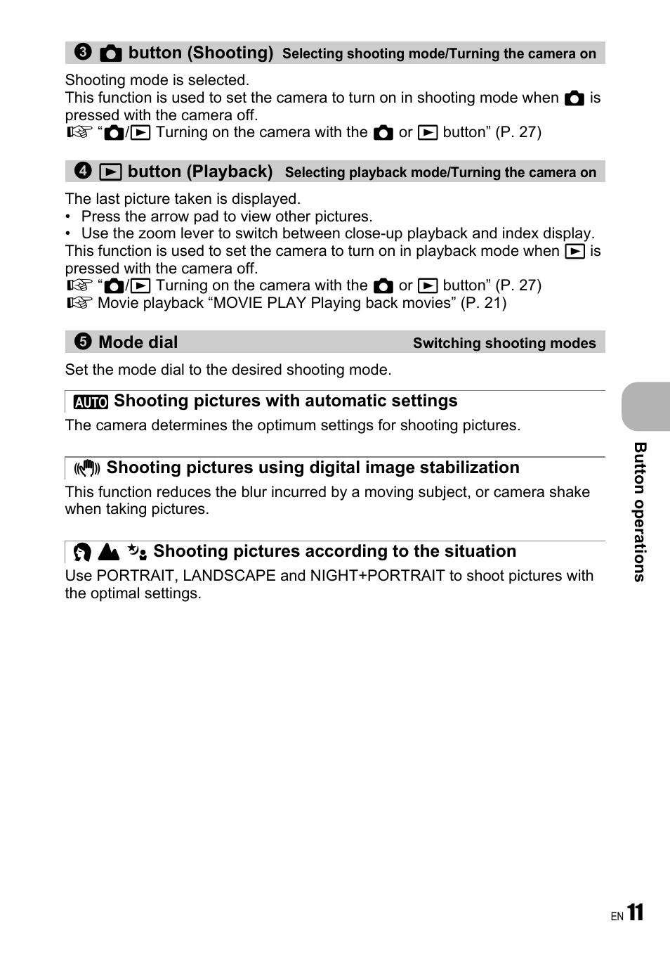 Selecting shooting mode/turning the camera on, Selecting playback mode/turning the camera on, Switching shooting modes | Shooting pictures with automatic settings, Shooting pictures according to the situation | Olympus FE-240 User Manual | Page 11 / 75