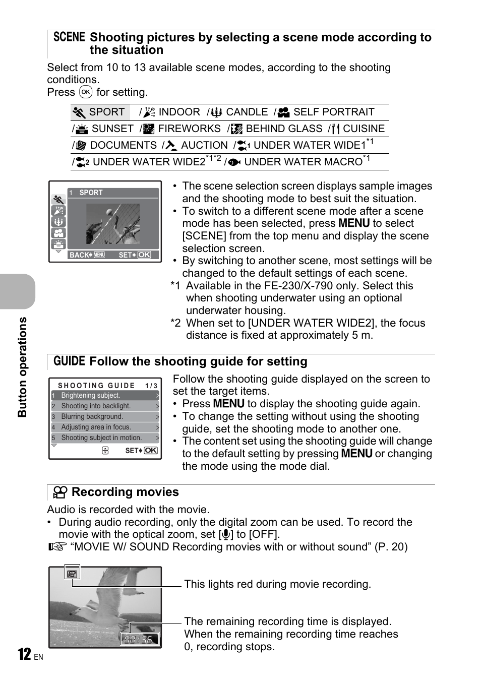 Follow the shooting guide for setting, Recording movies, Bu tto n op eratio ns | Olympus FE-240 User Manual | Page 12 / 75