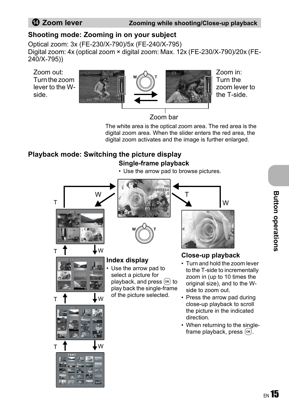 Zooming while shooting/close-up playback, Zoom lever, Bu tto n op erat ion s | Shooting mode: zooming in on your subject, Playback mode: switching the picture display, Zoom bar, Close-up playback, Index display, Single-frame playback, Wt w | Olympus FE-240 User Manual | Page 15 / 75