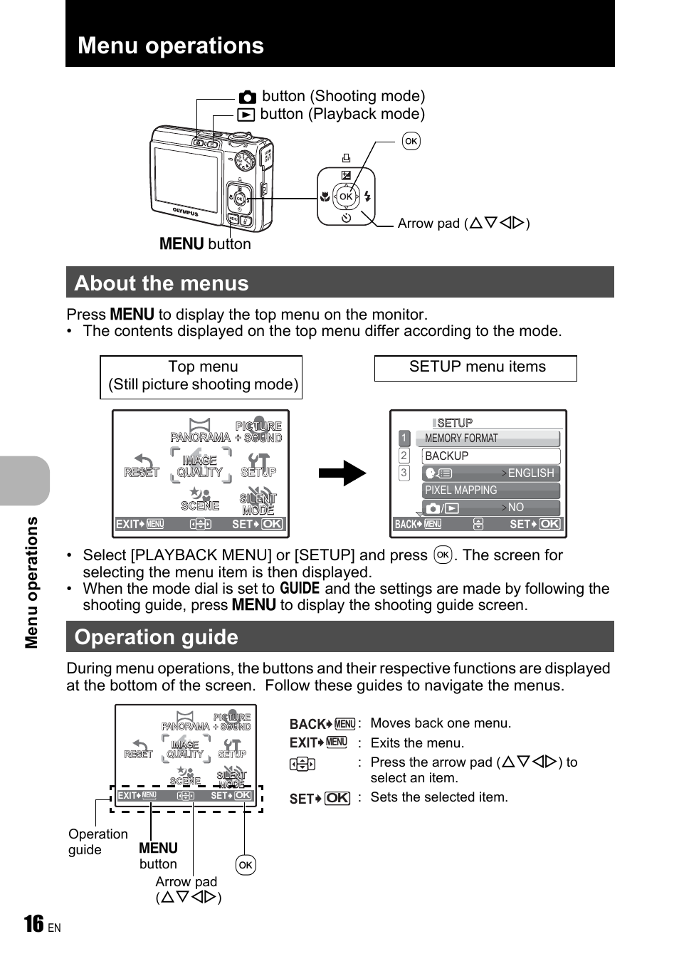 Menu operations, About the menus, Operation guide | P. 16, About the menus operation guide, M button, Button (shooting mode), Button (playback mode) | Olympus FE-240 User Manual | Page 16 / 75