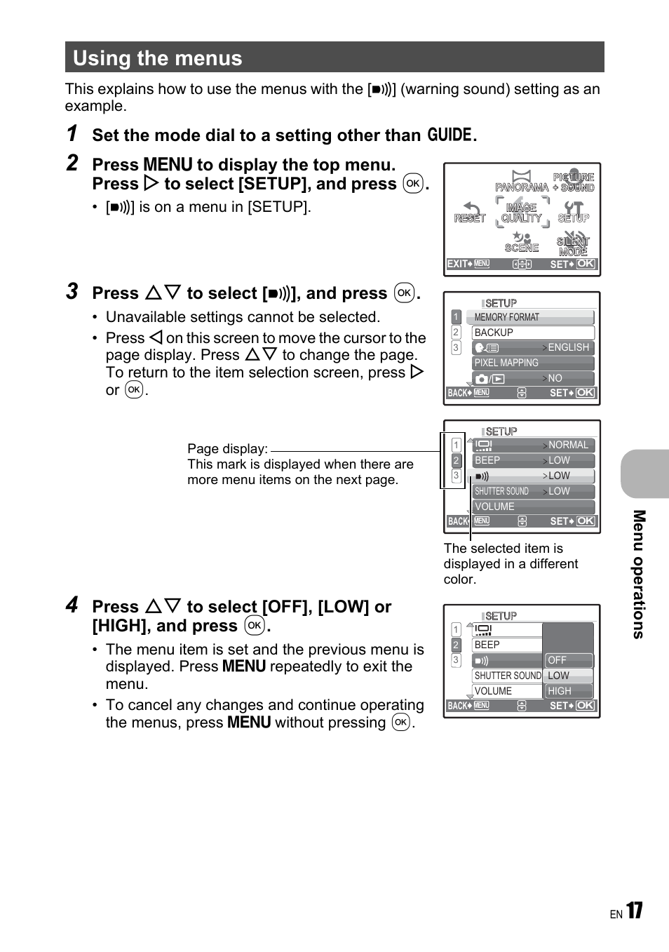 Using the menus, Set the mode dial to a setting other than r, Press on to select [ 8 ], and press | Me nu operati o ns, 8] is on a menu in [setup | Olympus FE-240 User Manual | Page 17 / 75