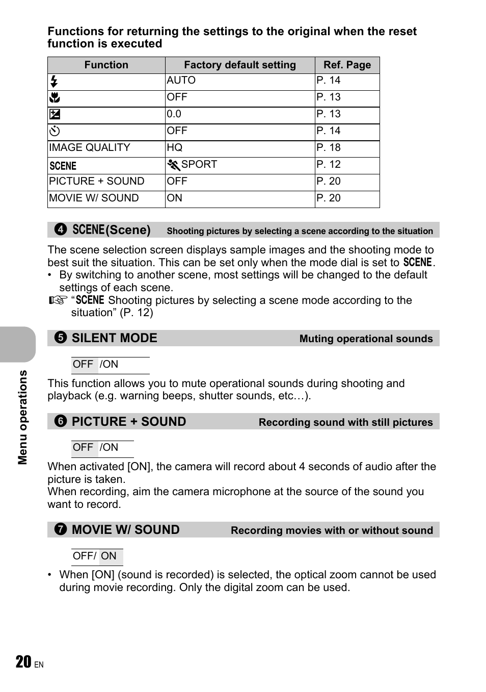 Muting operational sounds, Recording sound with still pictures, Recording movies with or without sound | Olympus FE-240 User Manual | Page 20 / 75