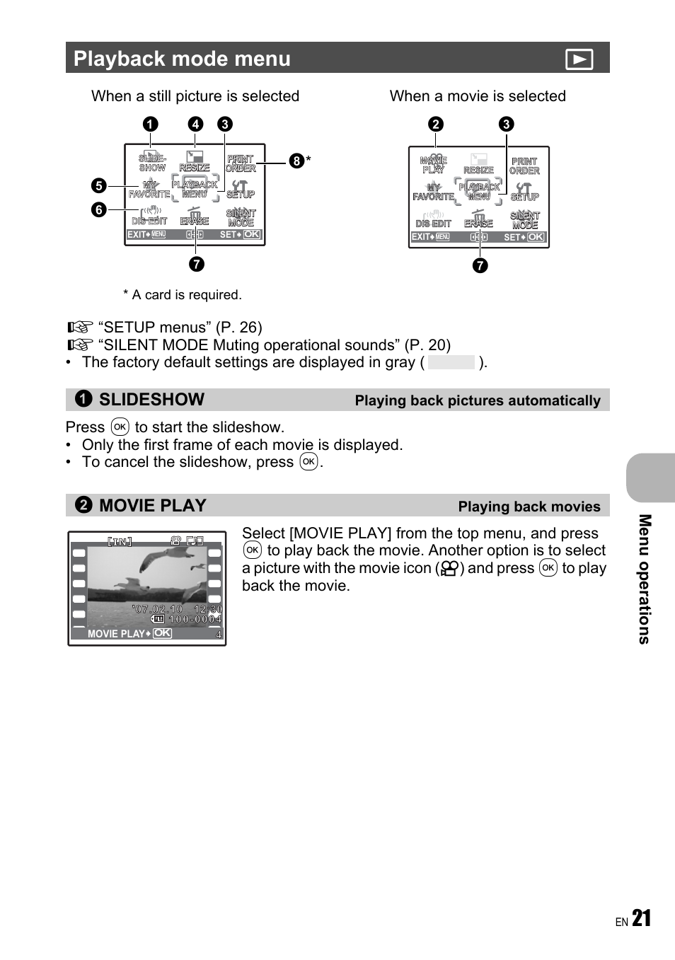 Playback mode menu, Playing back pictures automatically, Playing back movies | Playback mode menu q, Slideshow, Movie play, Me nu operati o ns | Olympus FE-240 User Manual | Page 21 / 75