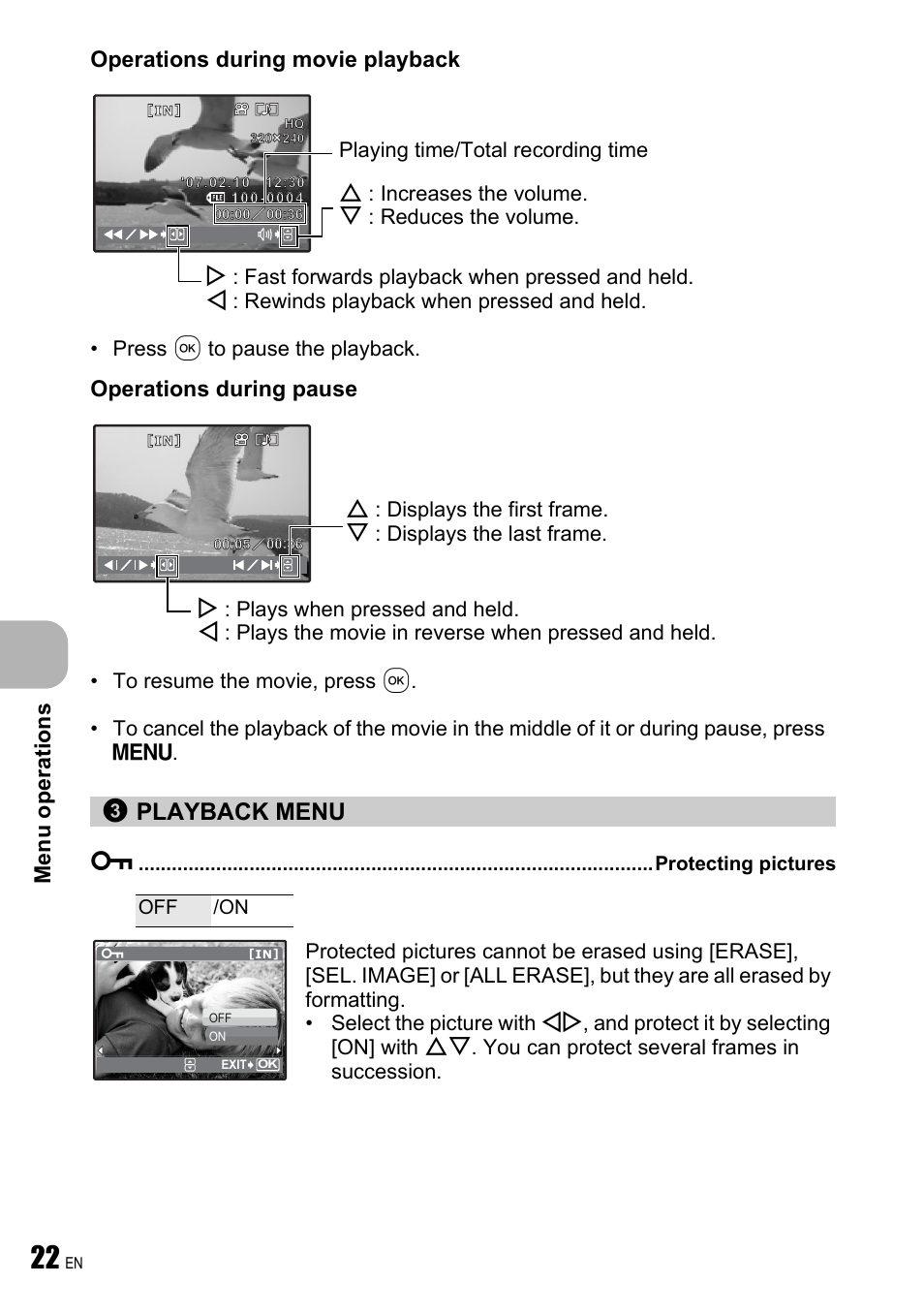 Playback menu, Protecting pictures, Playback menu 0 | Menu operations, Operations during movie playback, Operations during pause | Olympus FE-240 User Manual | Page 22 / 75